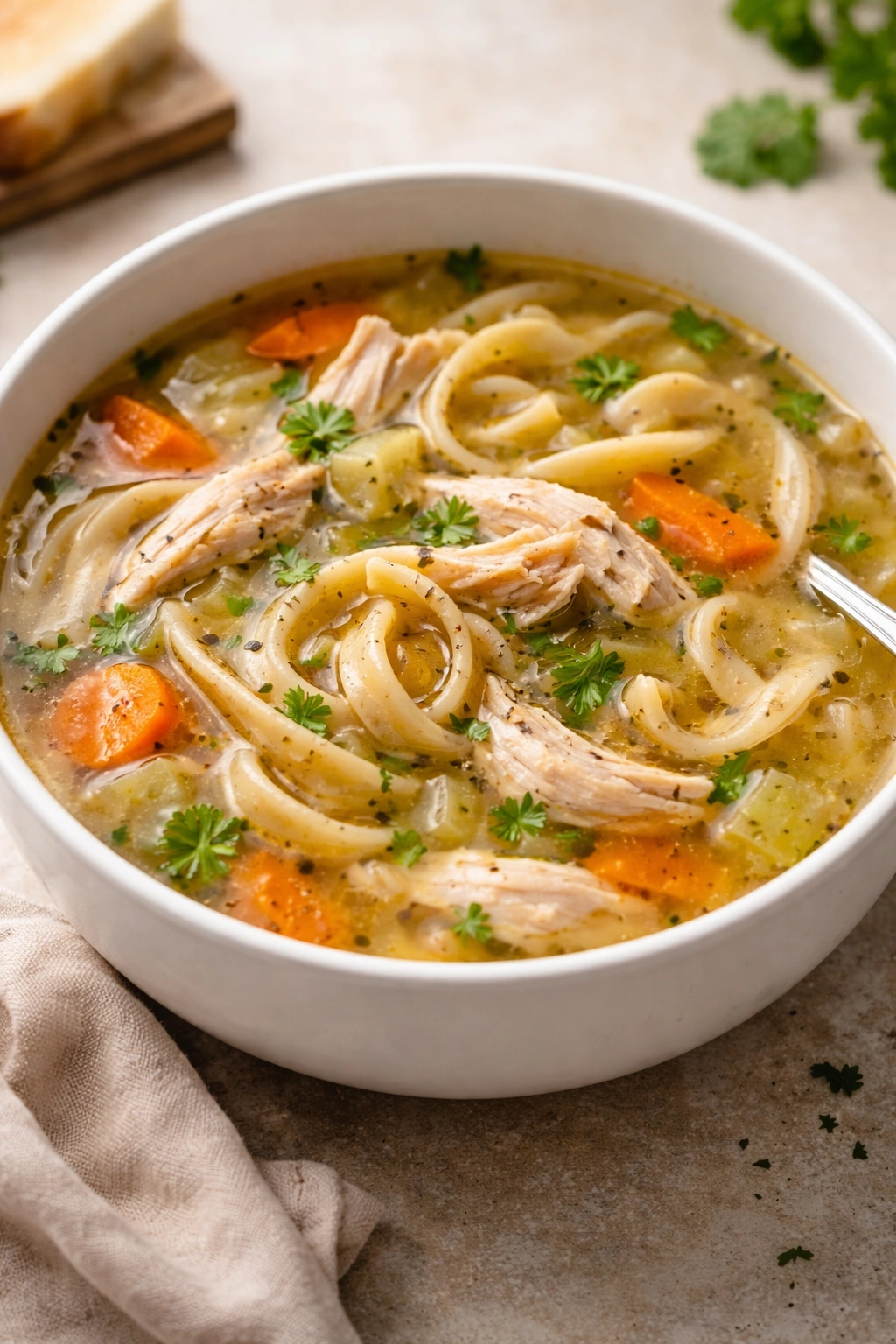 Steaming bowl of chicken noodle soup with noodles and shredded chicken