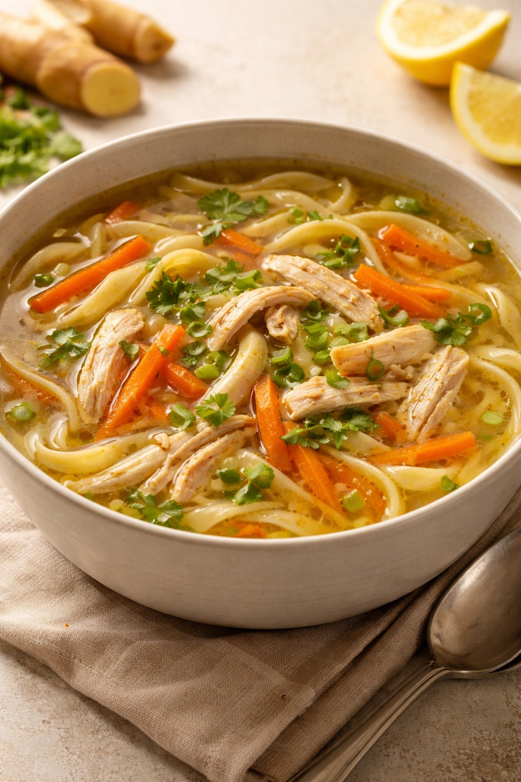Chicken noodle soup with ginger, noodles visible in clear broth.