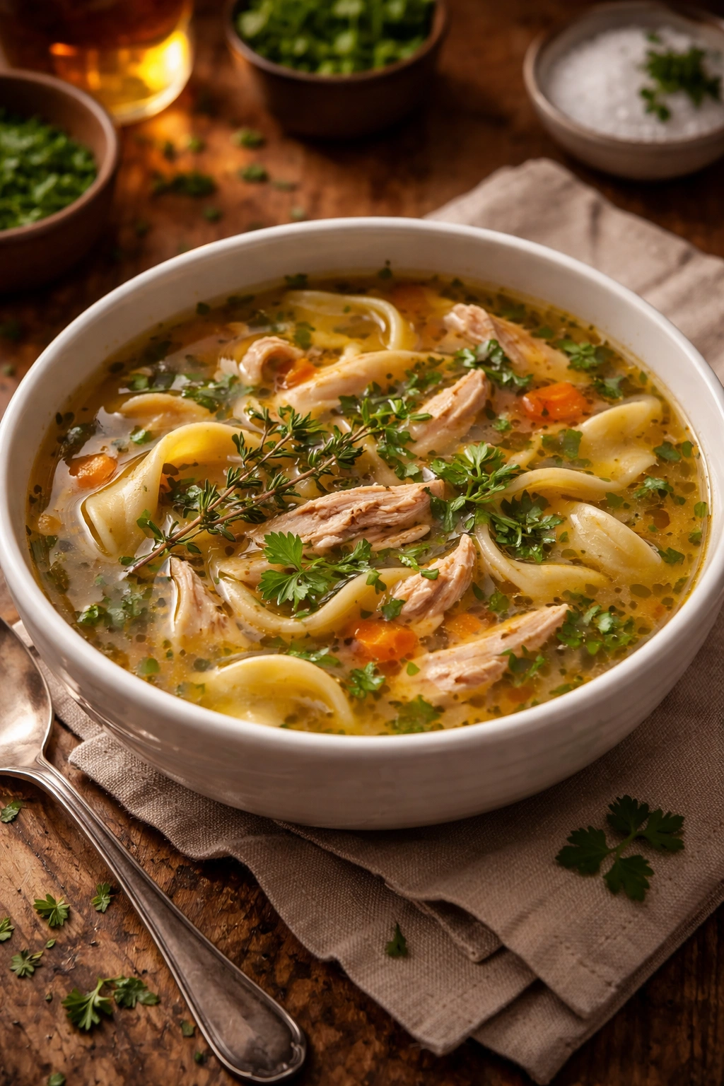 Chicken noodle soup with fresh herbs in a bowl