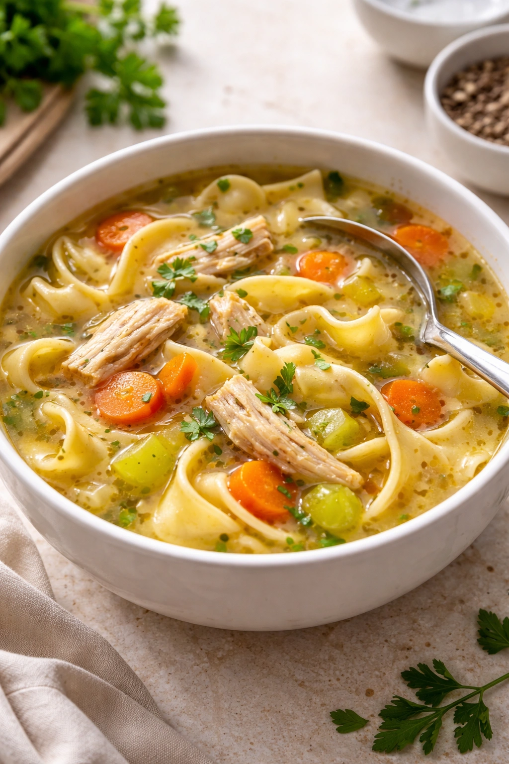 Close-up of a steaming bowl of chicken noodle soup with noodles, chicken and vegetables