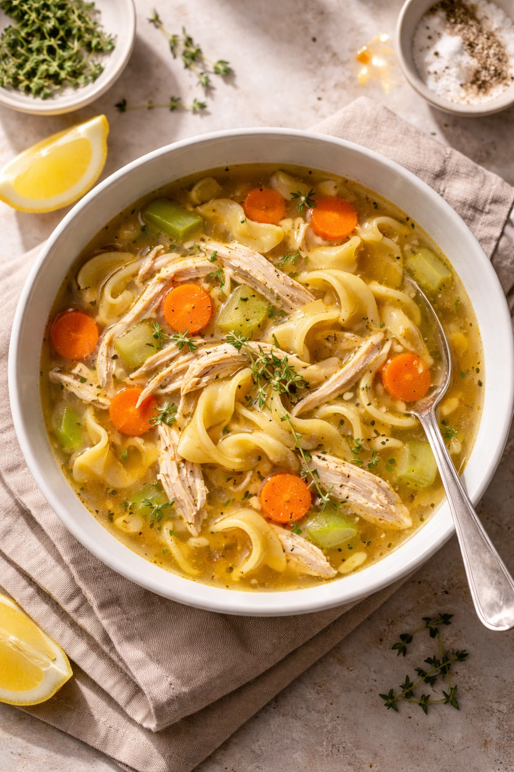 Bowl of quick chicken noodle soup with shredded chicken and noodles in clear broth.