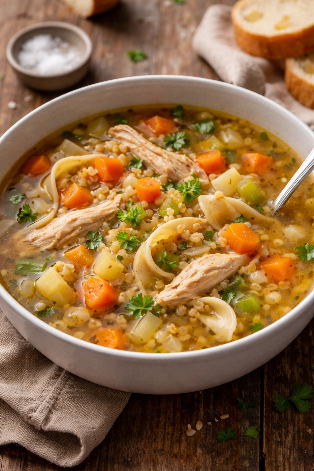 Homemade chicken noodle soup with root vegetables and barley in a bowl