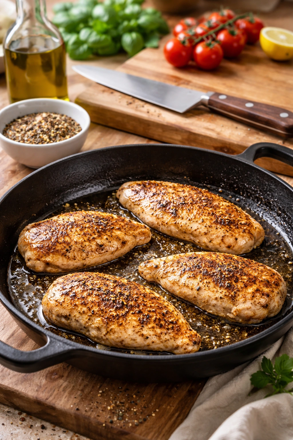 Seasoned chicken breasts browning in olive oil in a skillet with seasoning nearby