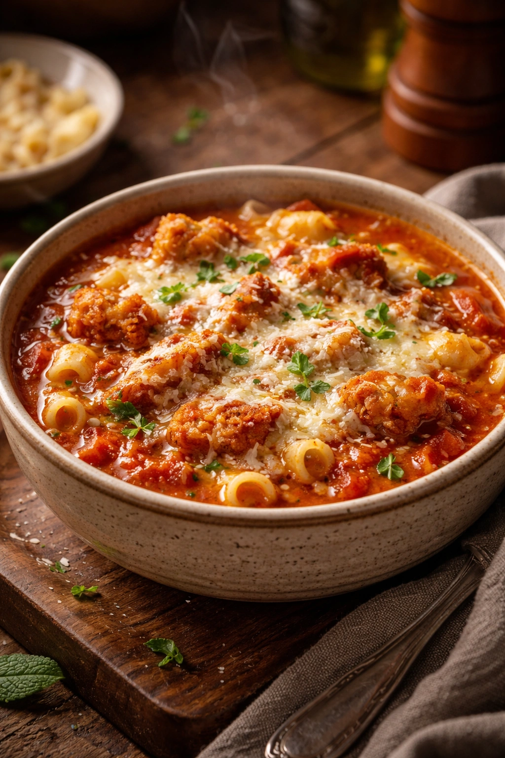 Steaming bowl of chicken parm soup with melted mozzarella and tomato broth