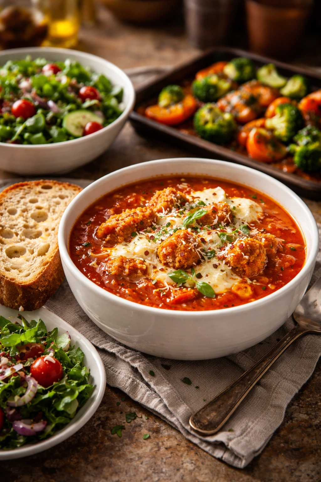 Steaming chicken parm soup with crusty bread and greens on a wooden table