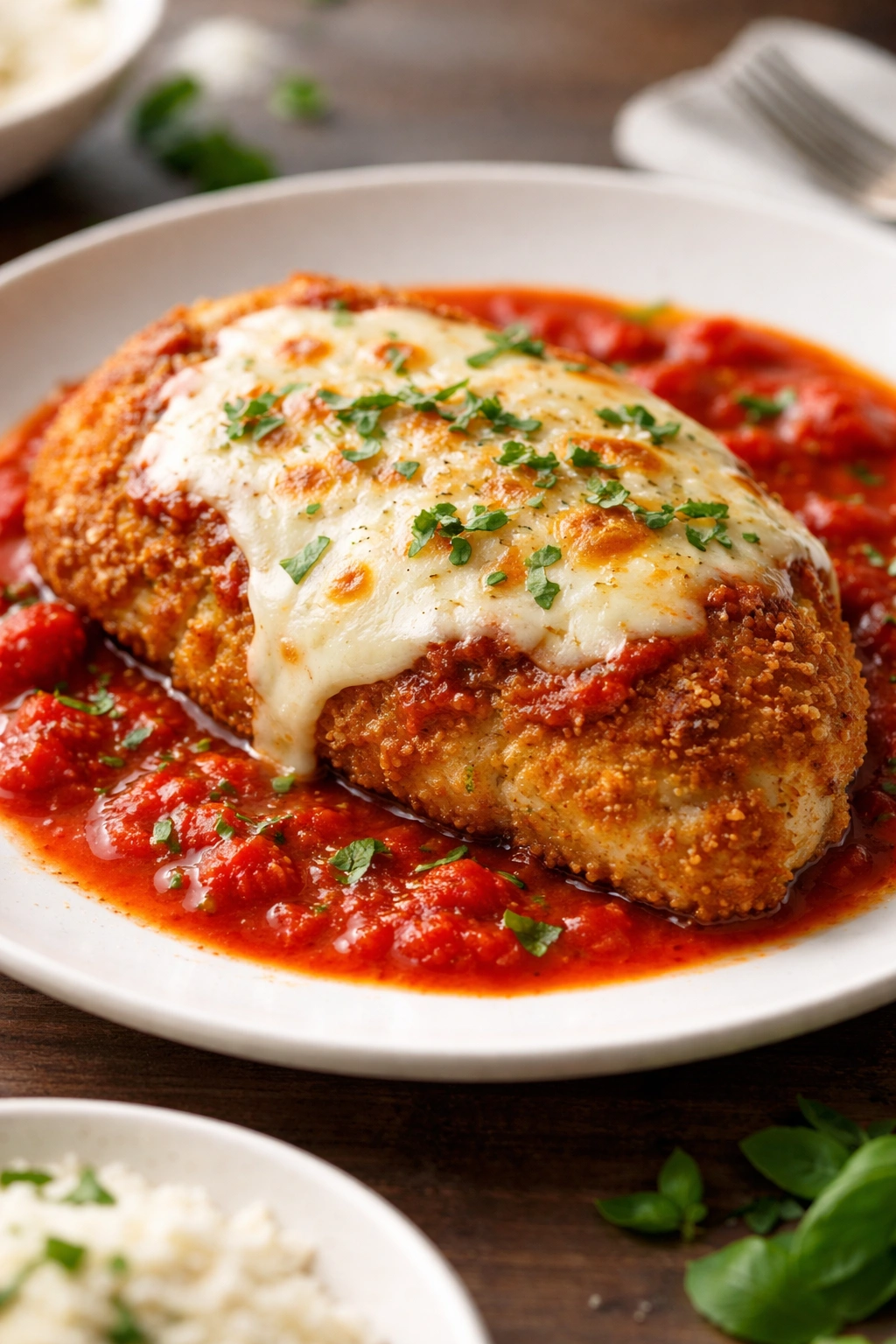 Crispy chicken parmesan on a plate with tomato sauce