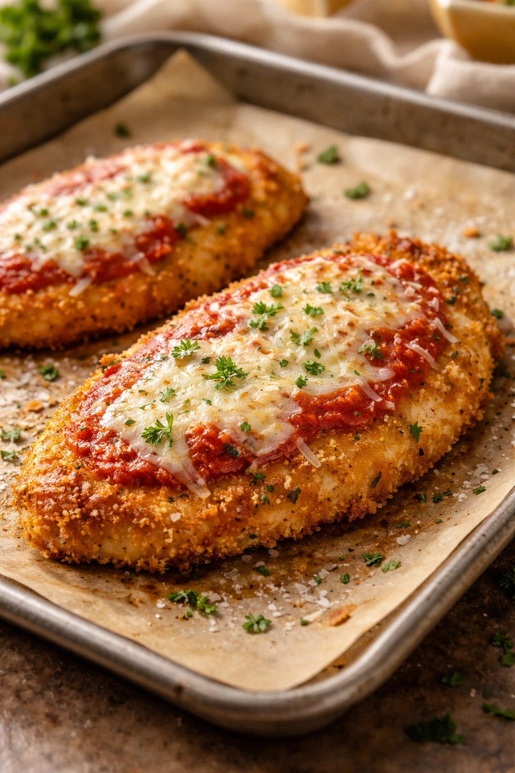 Close-up of a golden crispy chicken parmesan cutlet