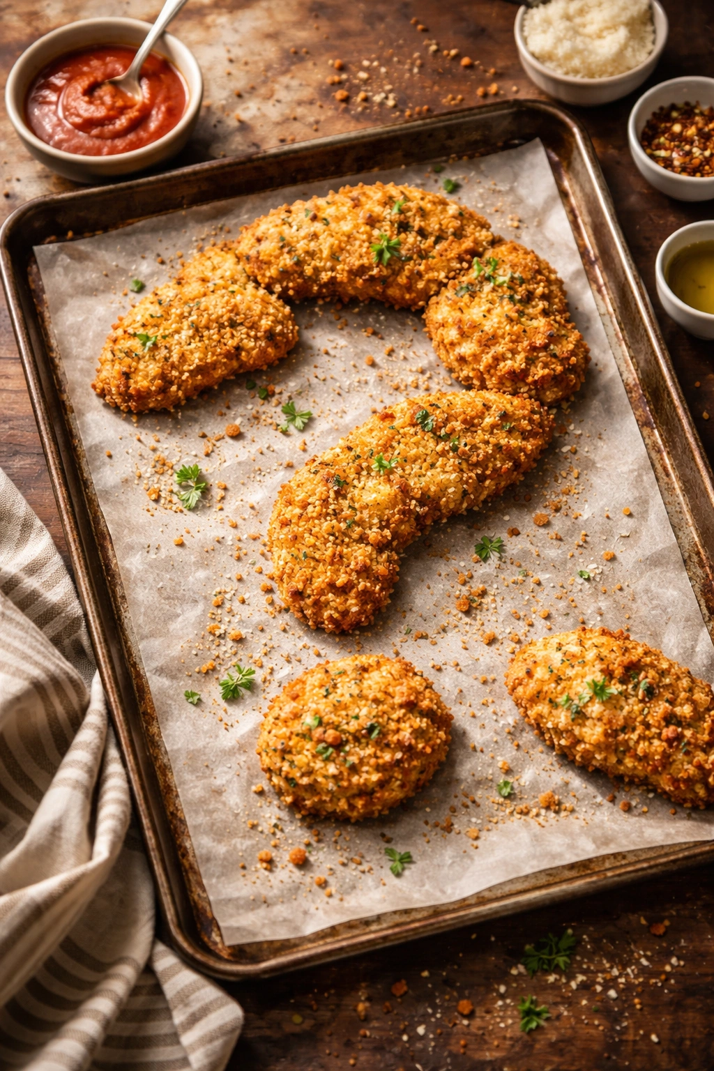 Abstract kitchen scene with breaded chicken on parchment forming a question-mark shape, indicating FAQ about cooking methods