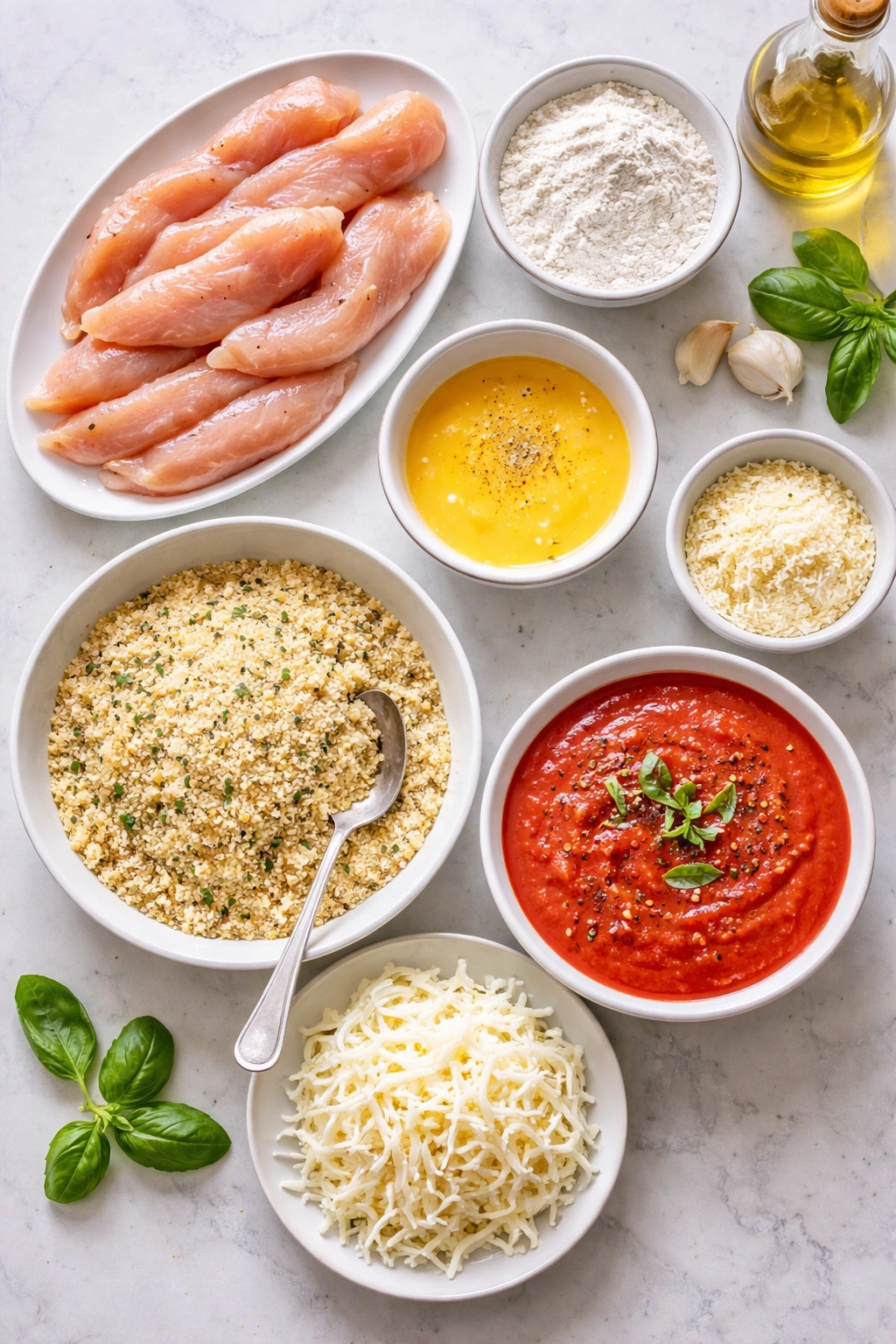 Ingredients array for quick chicken parmesan laid out