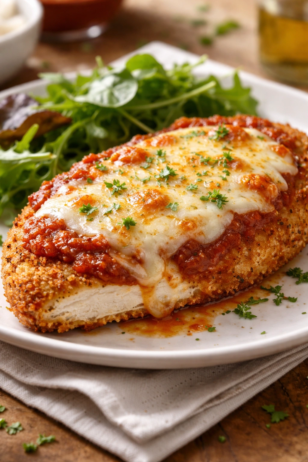 Crispy chicken parmesan with marinara and mozzarella