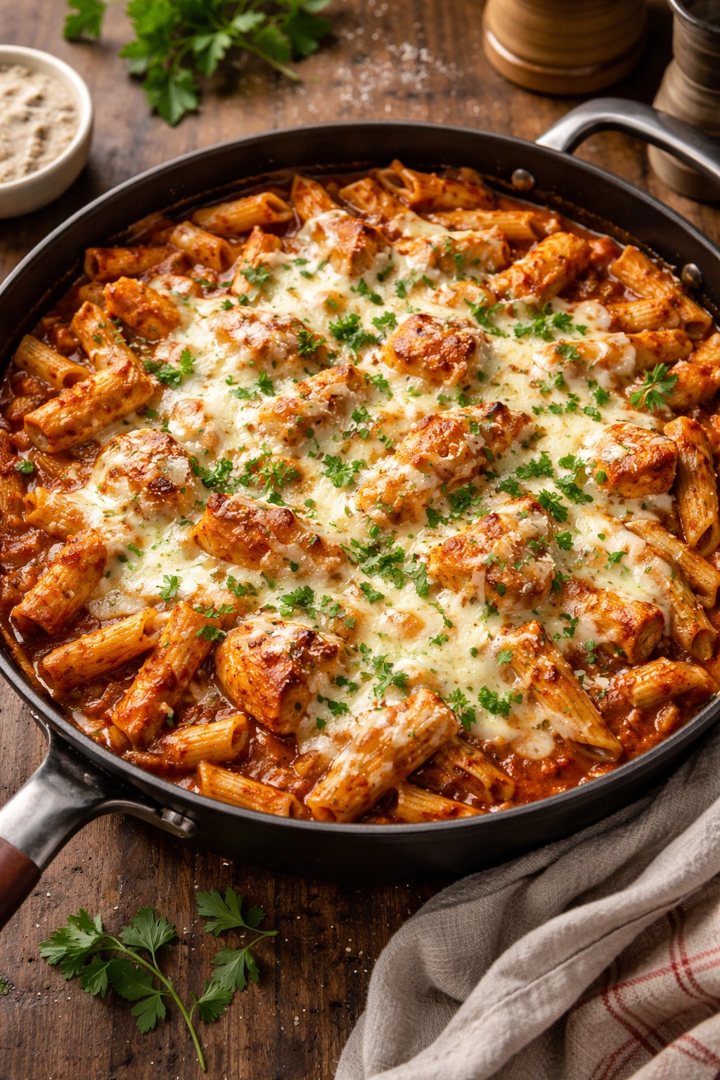 Chicken parmesan pasta with marinara and mozzarella in a skillet