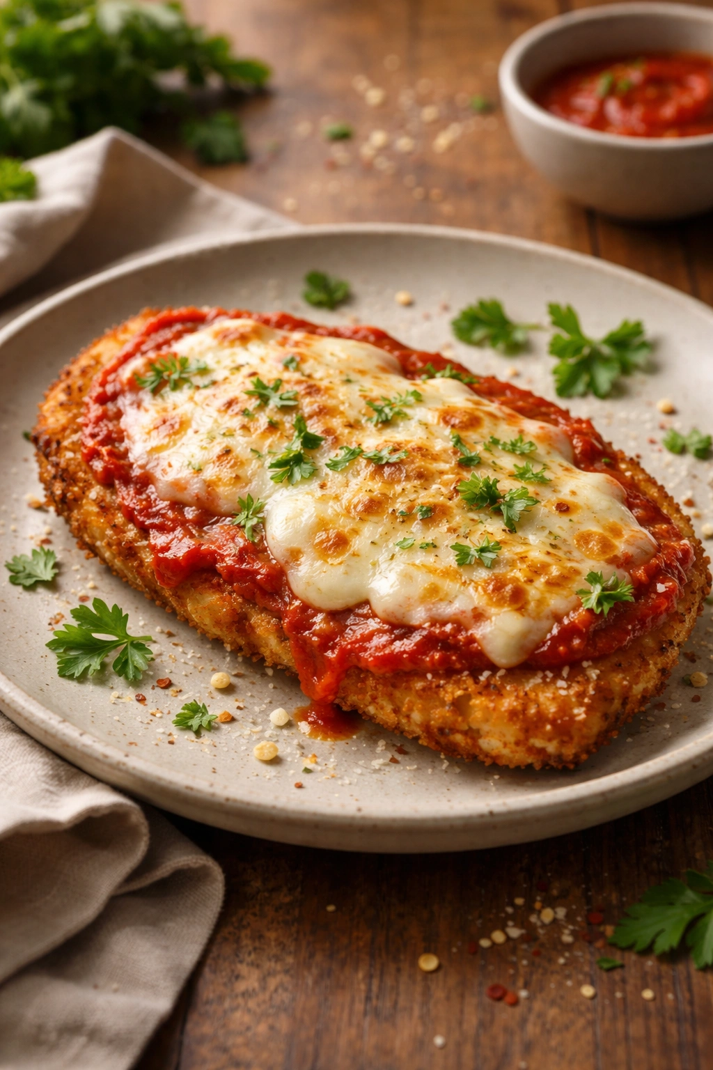 Plate of chicken parmesan with melted cheese and marinara in a warm kitchen setting
