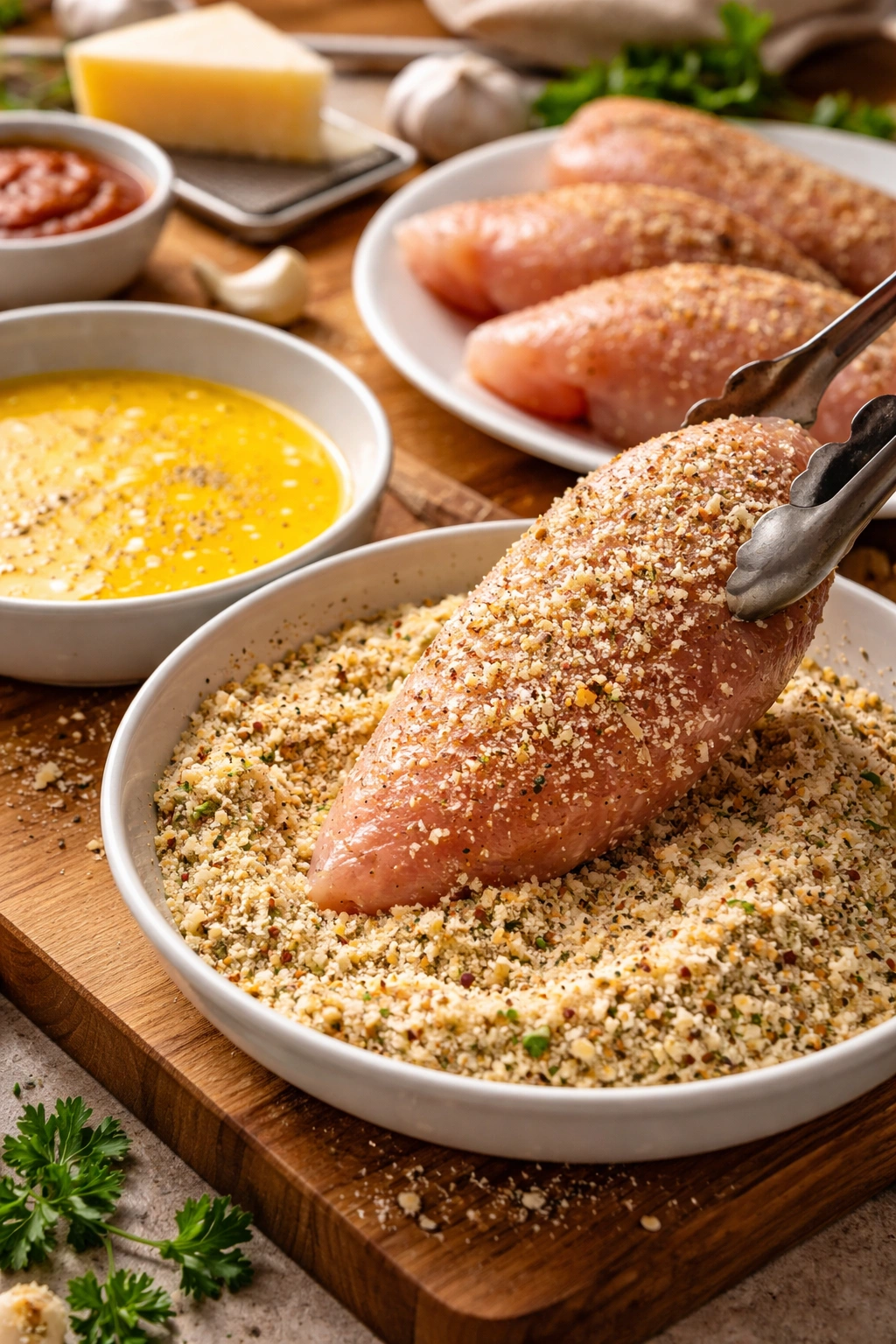 Breaded chicken breast being prepared with egg wash and breadcrumbs