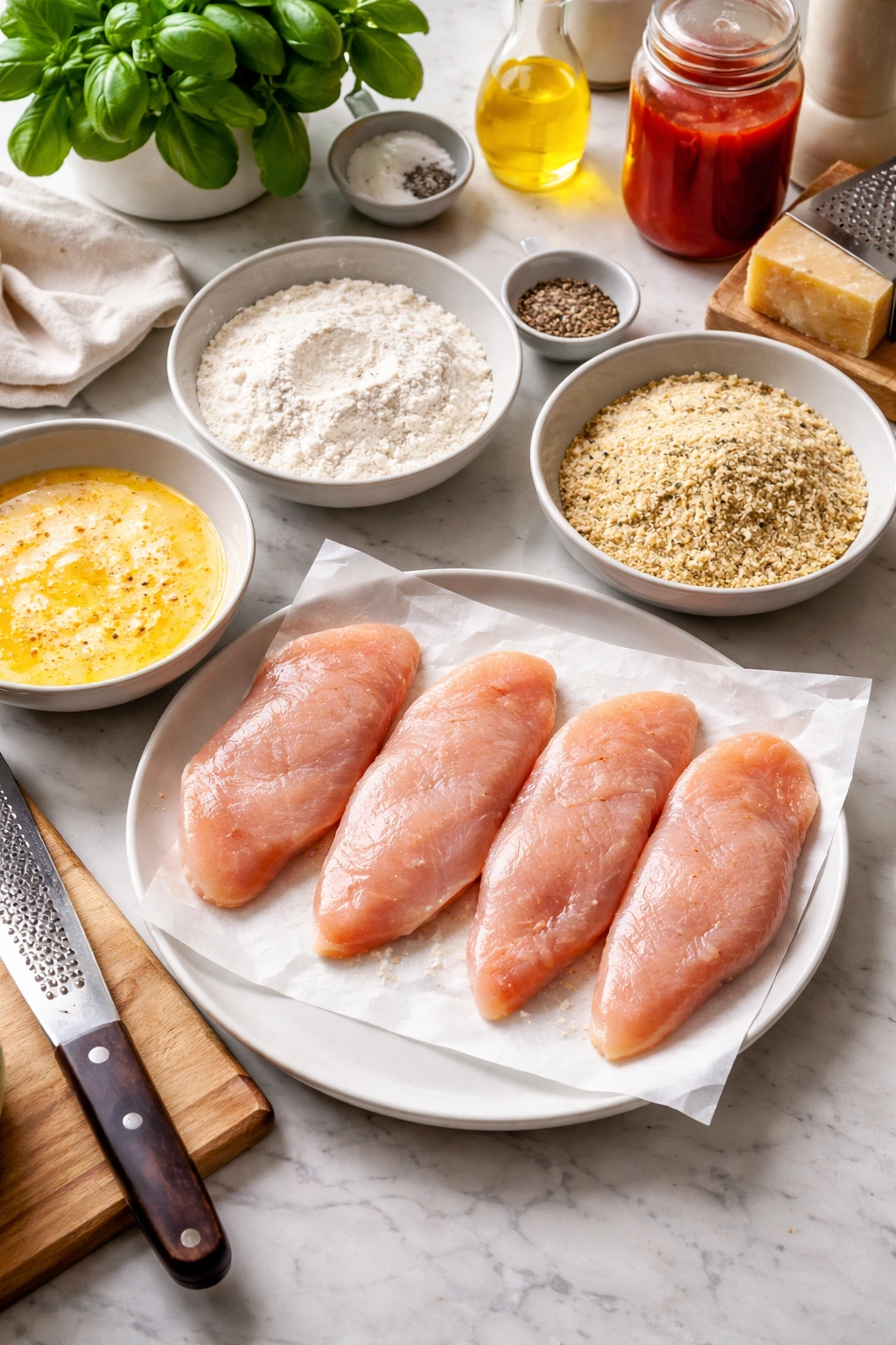 Four chicken cutlets with prep bowls for breading in a clean kitchen