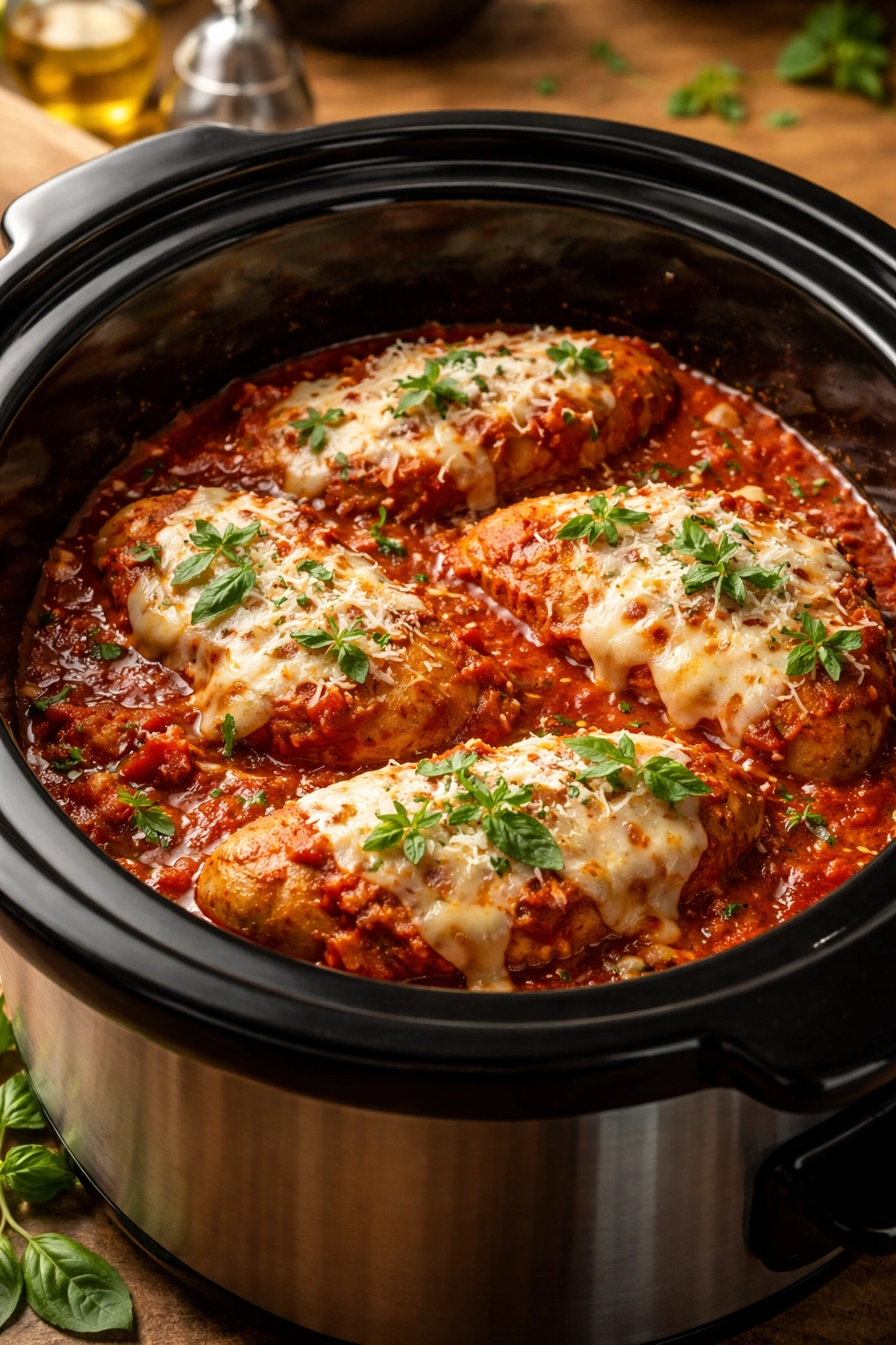 Close-up of chicken parmesan with melted mozzarella in a slow cooker insert