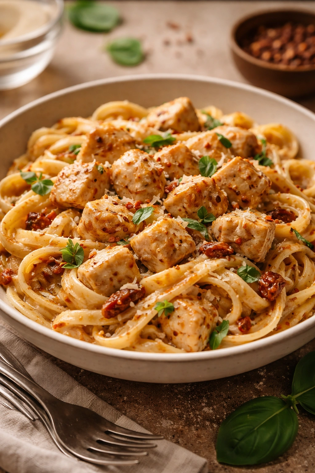 Plate of chicken and pasta in creamy sauce with bite-sized chicken pieces