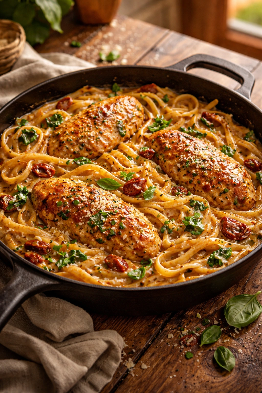 Skillet of creamy sun-dried tomato chicken and pasta with chicken pieces and sun-dried tomatoes