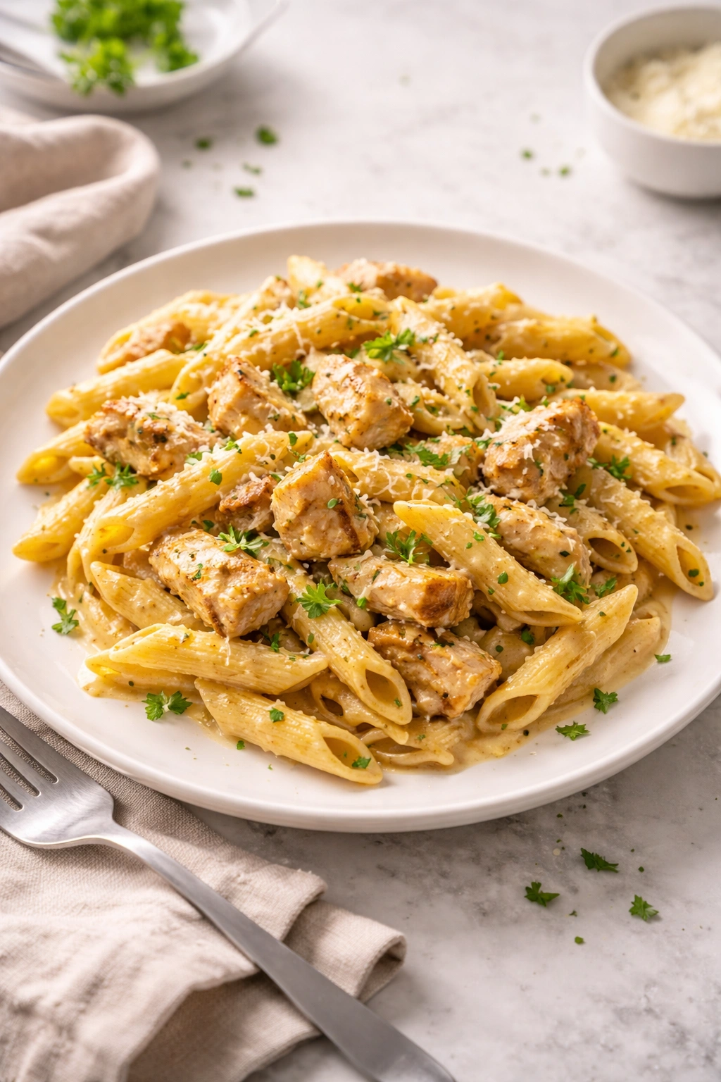 Plated chicken penne pasta in creamy sauce on a clean plate