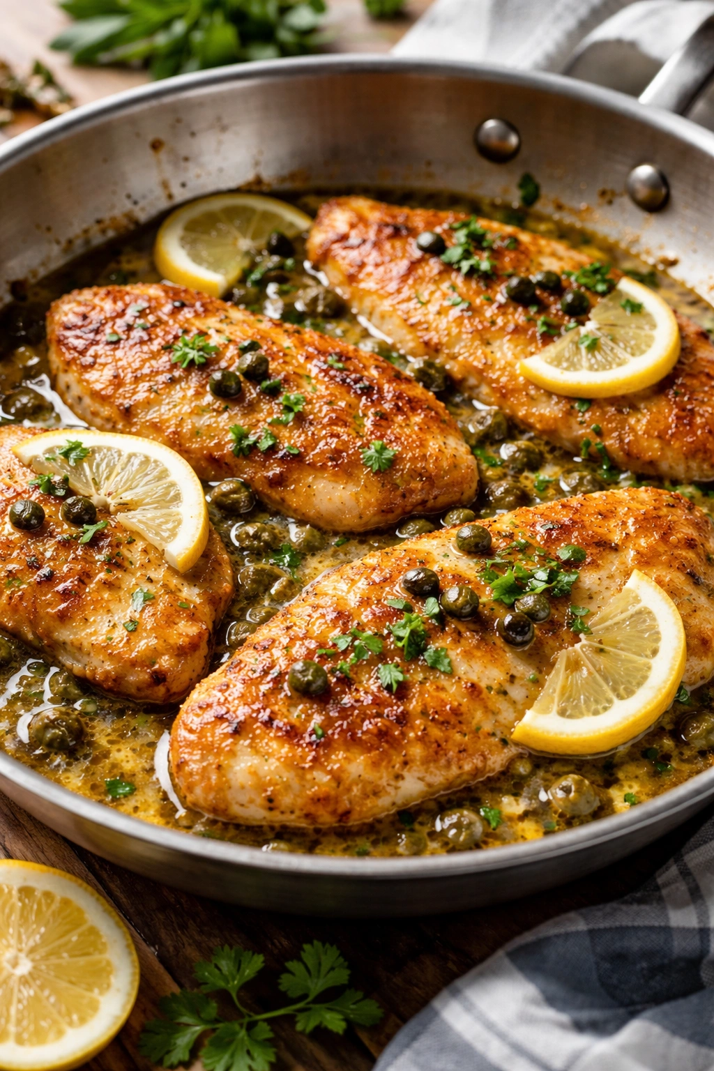 Golden chicken piccata with lemon caper sauce in a skillet.