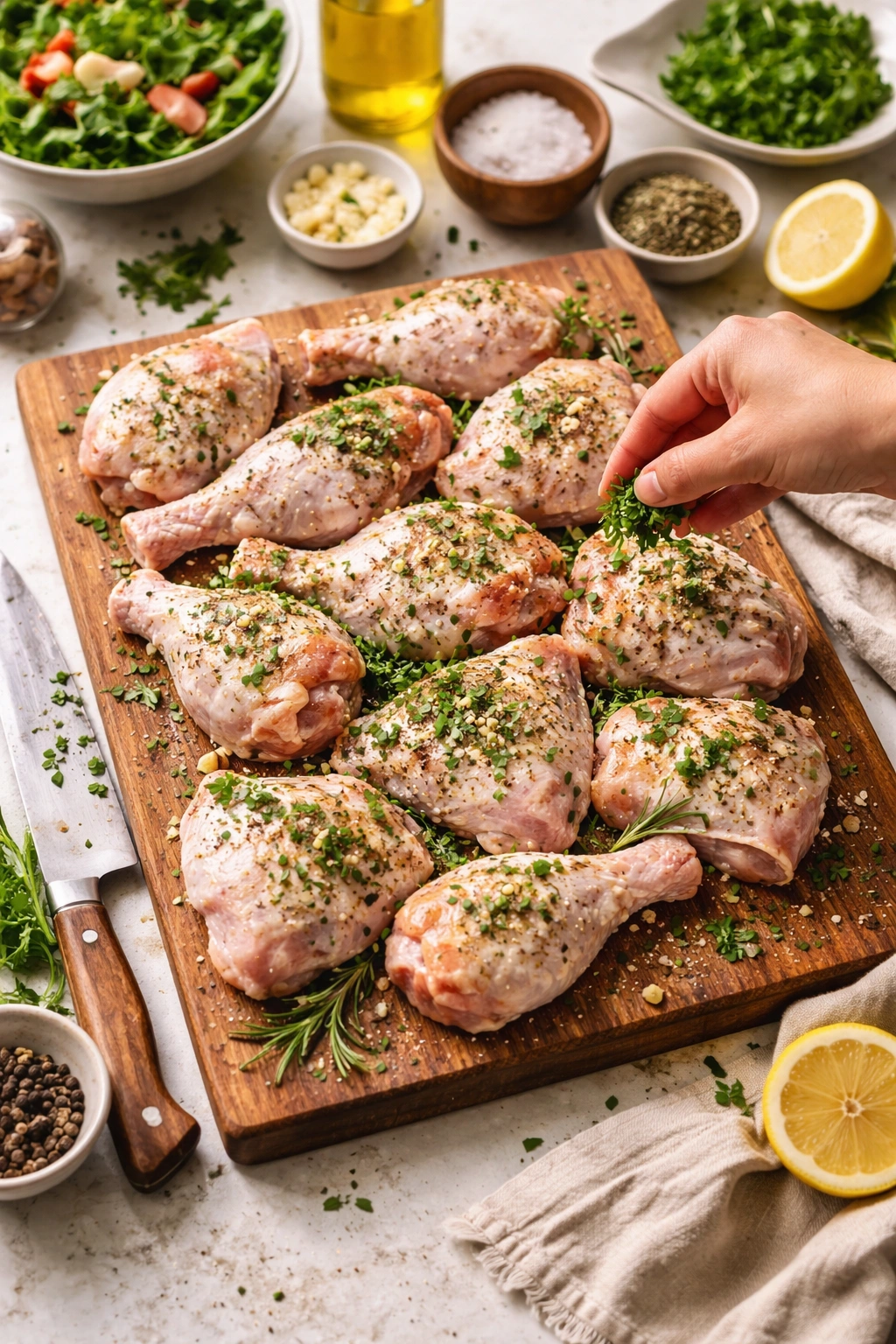 Close-up of seasoned bone-in chicken pieces on a cutting board ready for crowd cooking