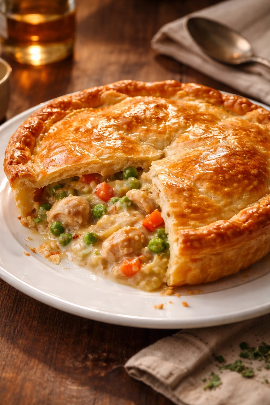 Close-up of a golden chicken pot pie slice on a white plate with warm kitchen lighting