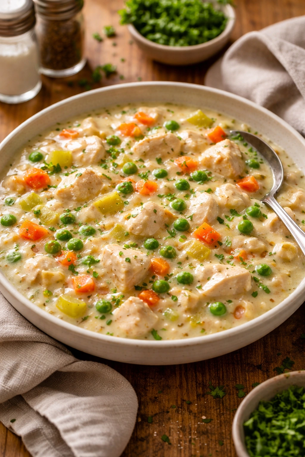 Creamy chicken pot pie filling with vegetables in bowl