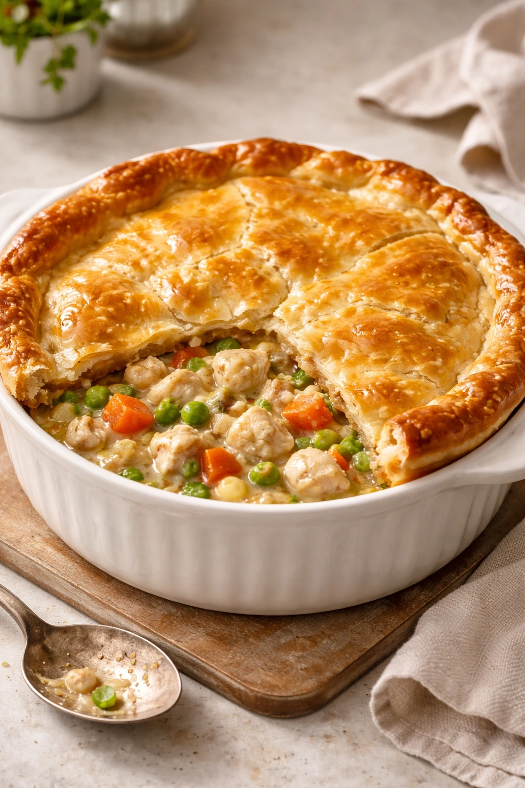 Golden crusted chicken pot pie in round dish