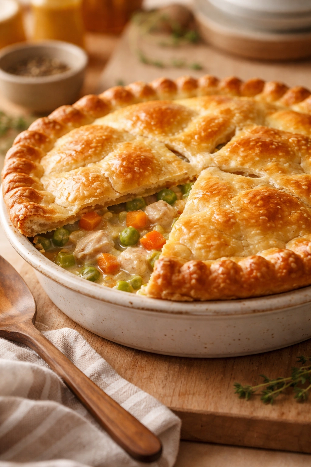 Close-up of a golden, flaky chicken pot pie in a white pie dish on a wooden surface