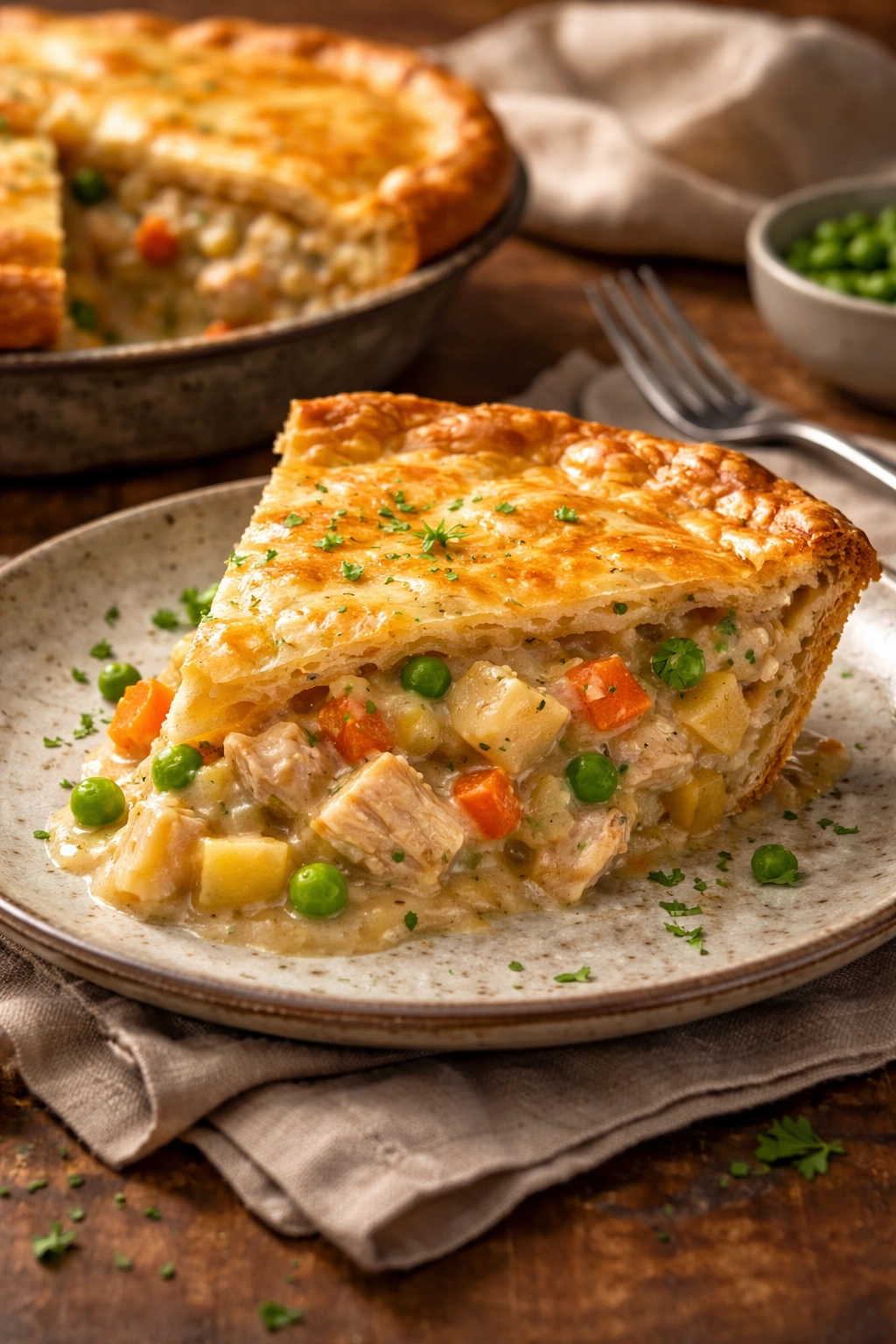 Slice of chicken pot pie showing creamy filling with chicken and vegetables