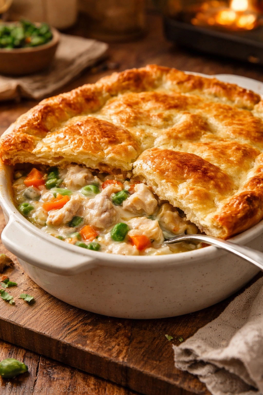 Close-up of a golden chicken pot pie with a crisp crust in a warm kitchen