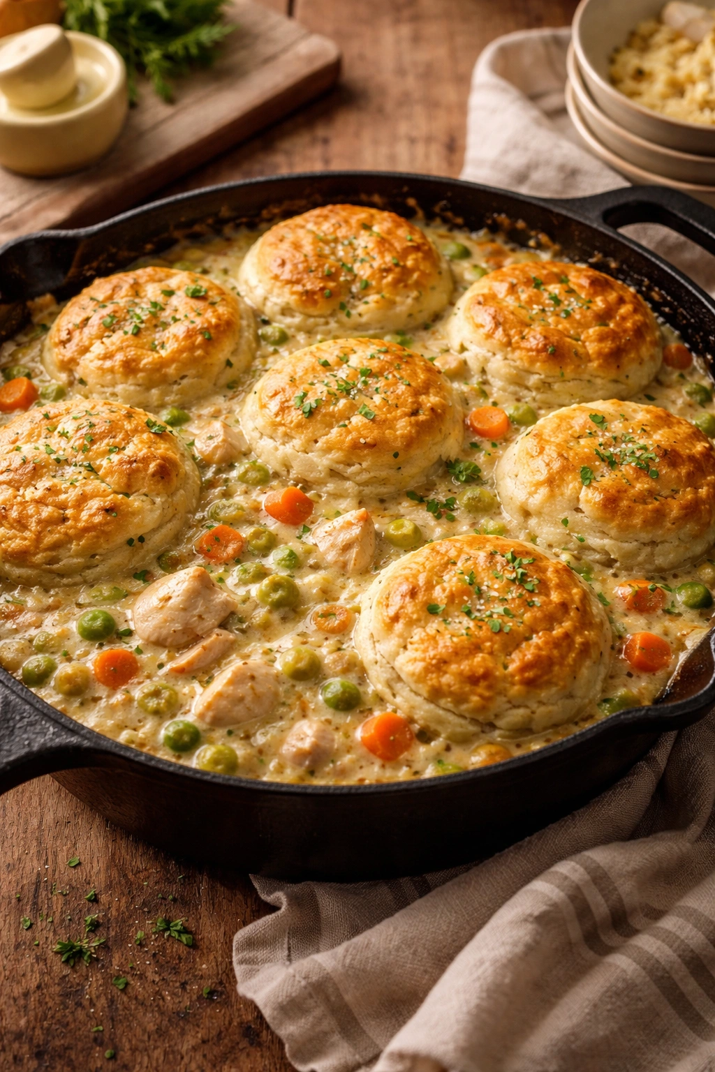 Creamy chicken pot pie filling in a skillet with biscuit crust topping