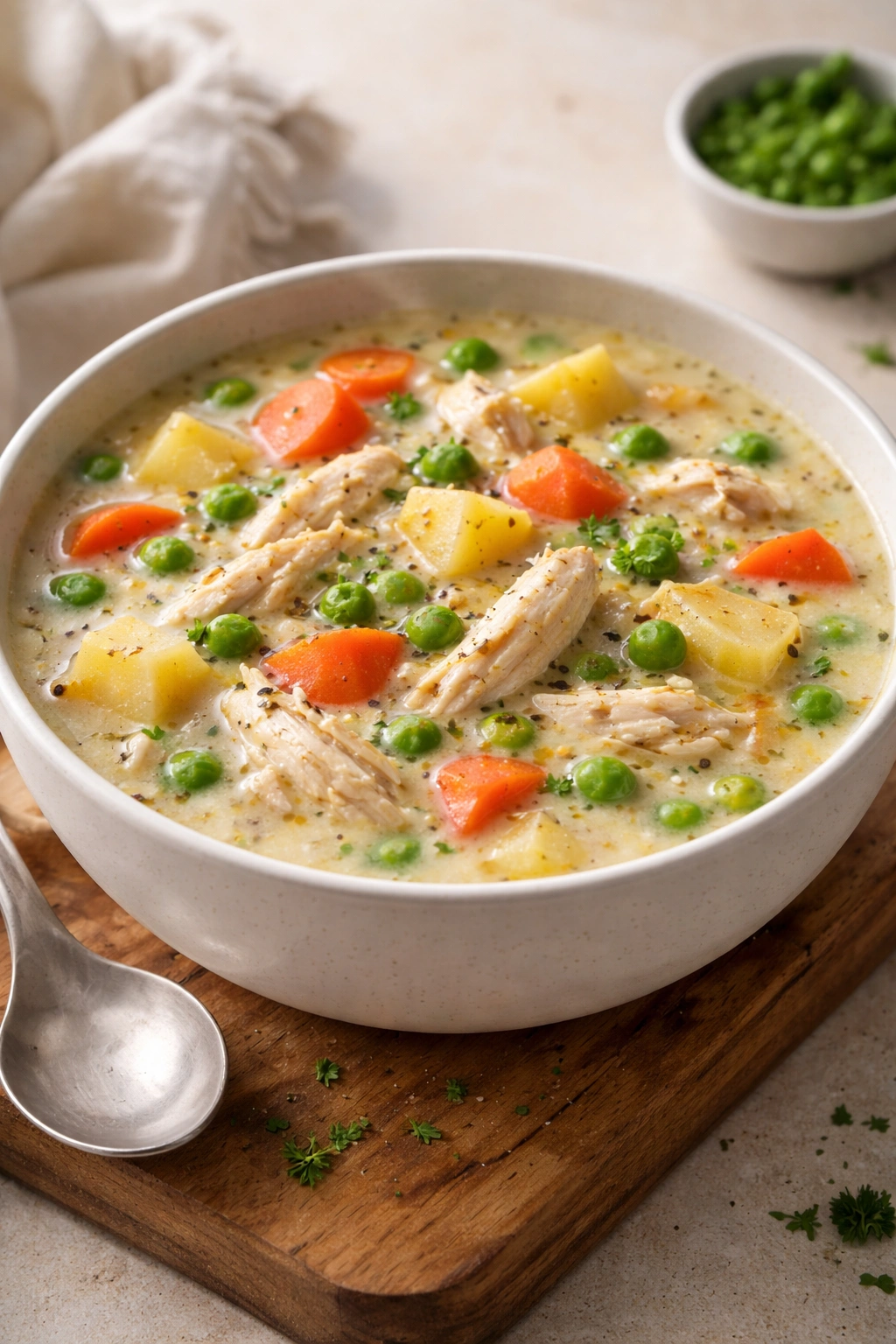 Bowl of creamy chicken pot pie soup with vegetables