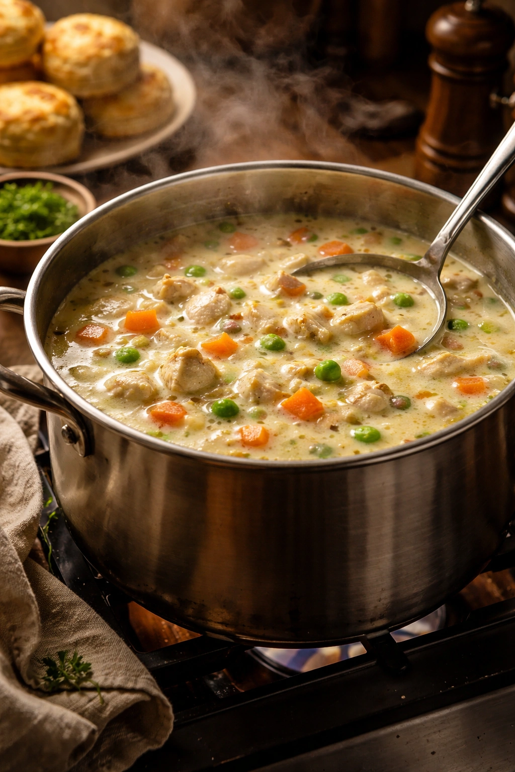 Creamy chicken pot pie soup simmering in a pot with vegetables visible