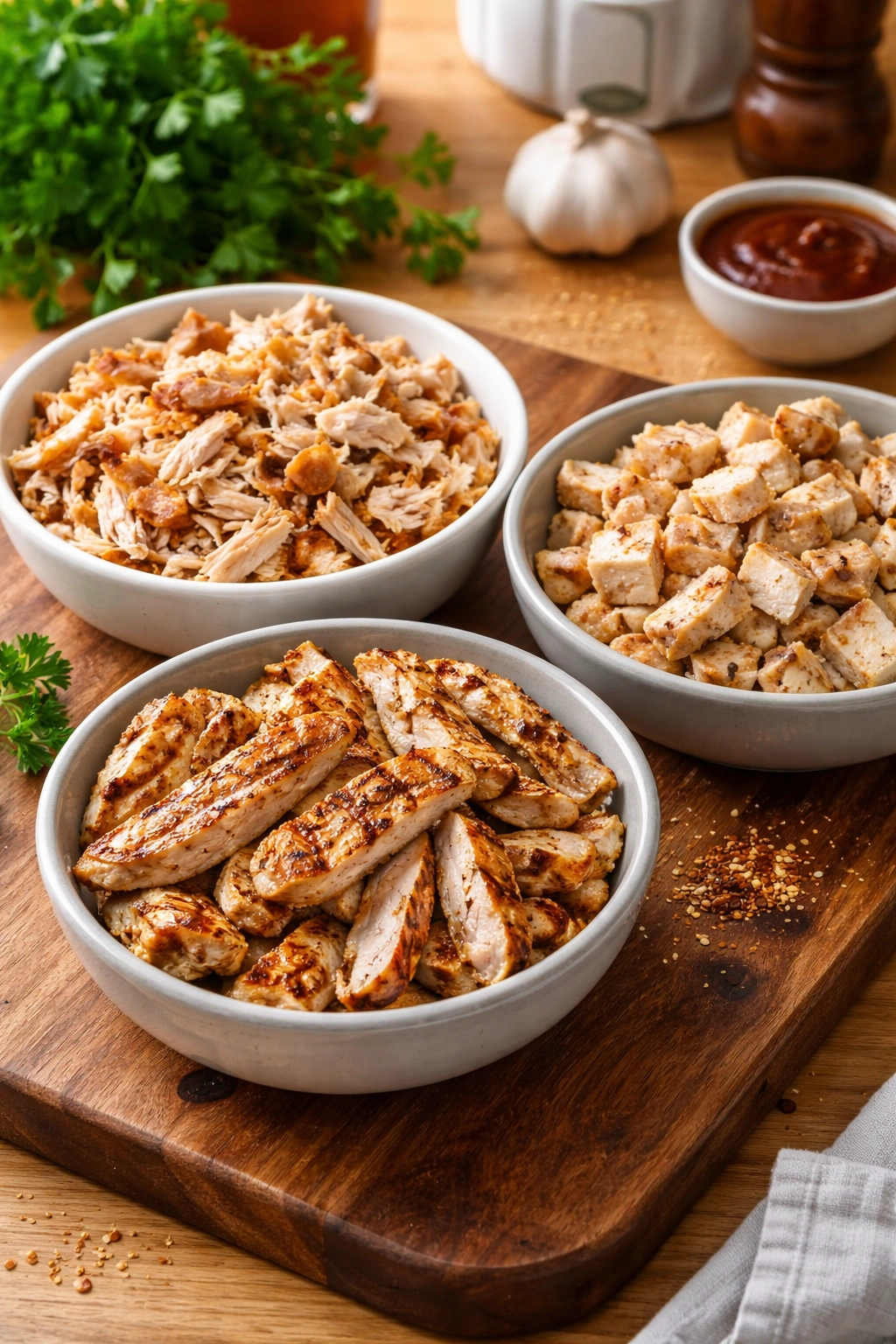Three bowls of chicken preparations: rotisserie, leftovers, and grilled