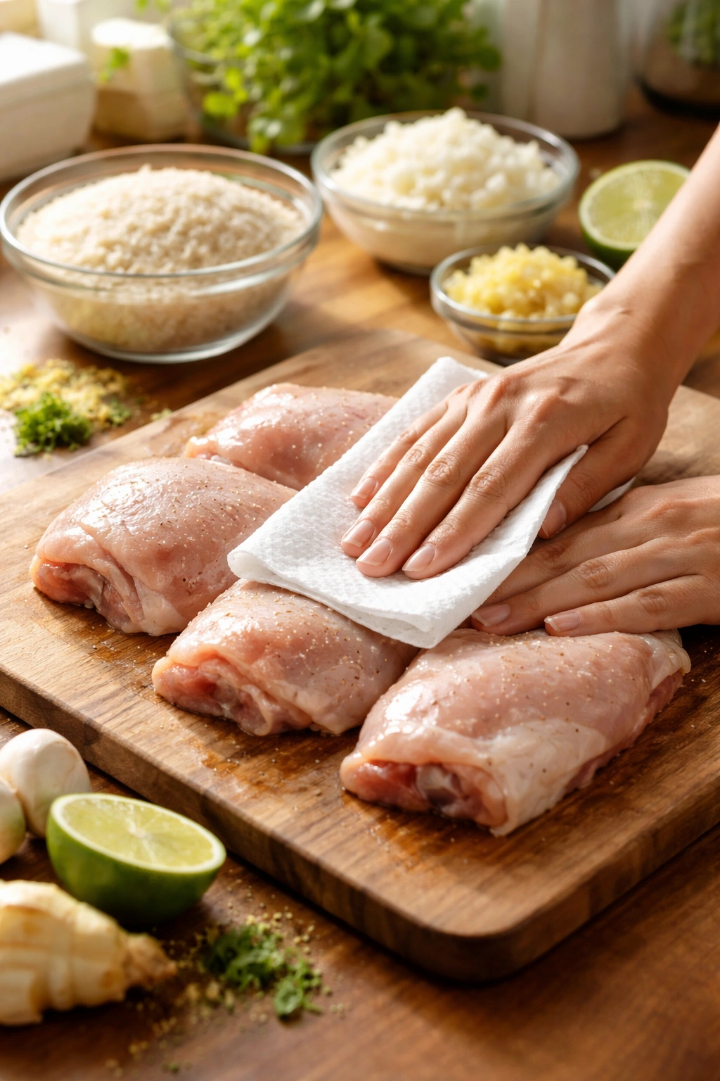 Close-up of chicken thighs being patted dry on a cutting board during coconut lime chicken prep