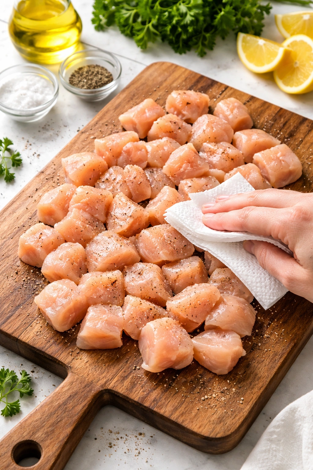 Dry chicken pieces on a clean cutting board, ready for searing