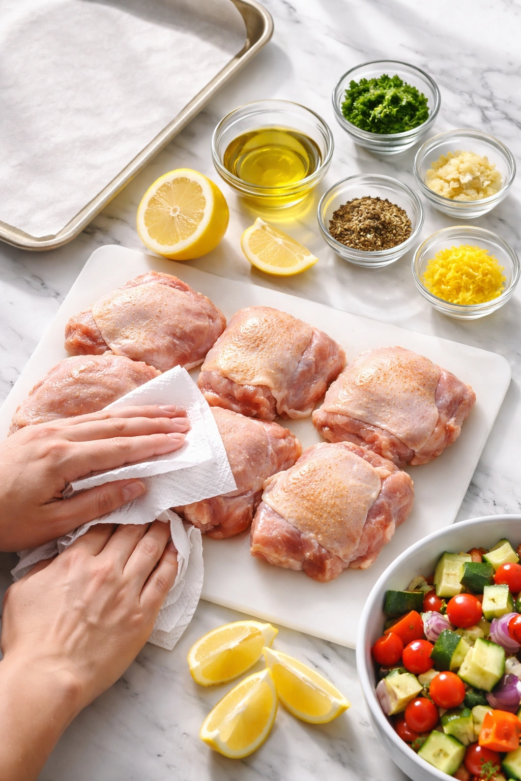 Hands pat dry chicken on cutting board with dressing ingredients and parchment-lined sheet pan in bright kitchen
