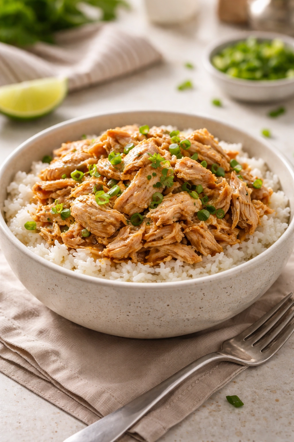 Close-up of a chicken and rice bowl