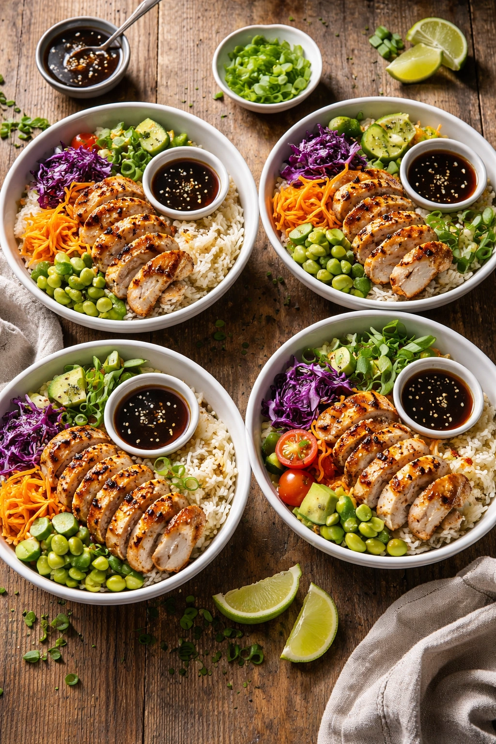 Four chicken rice bowls arranged on a wooden table for family dinner