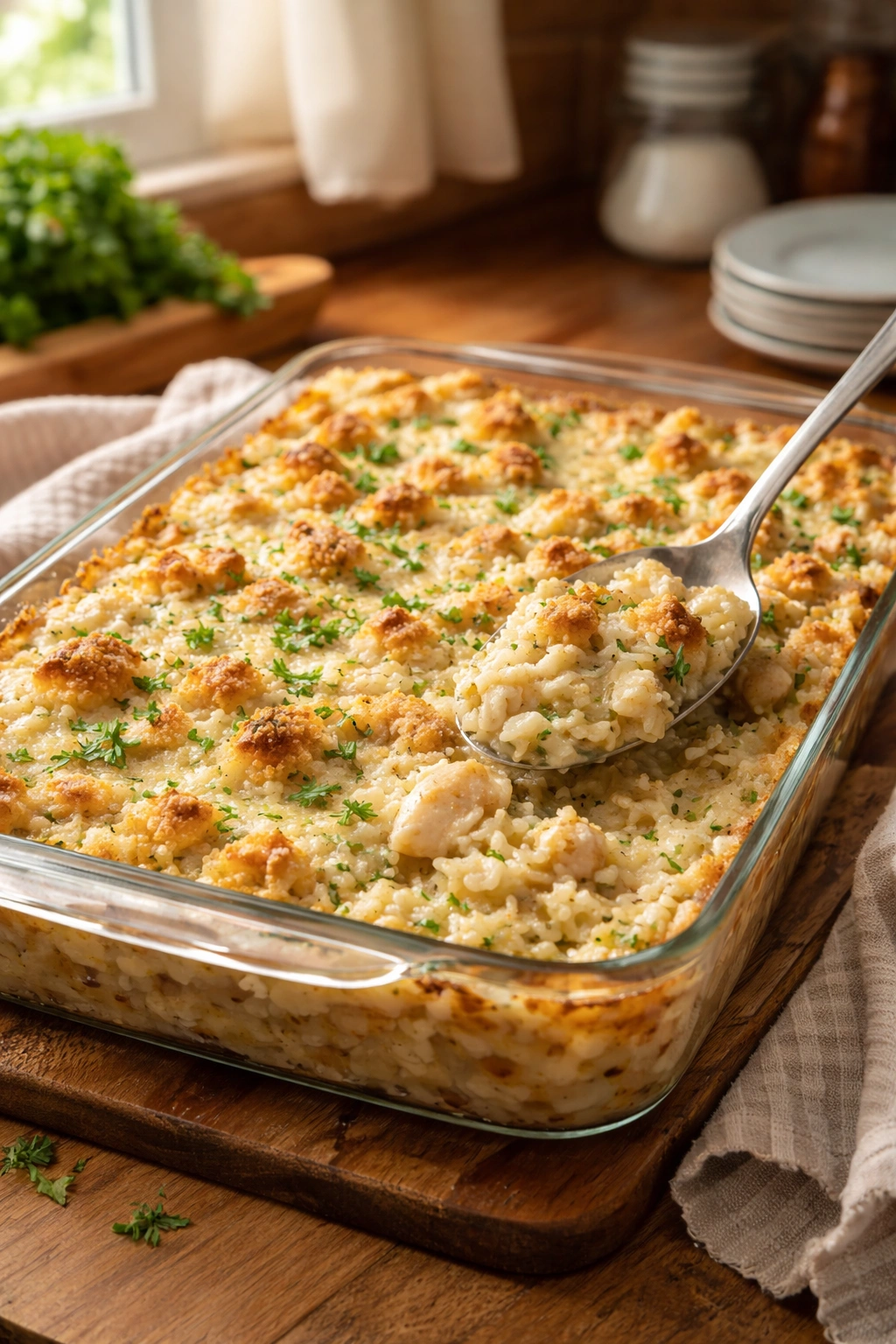 Close-up of Classic Chicken and Rice Casserole in a glass dish with creamy sauce
