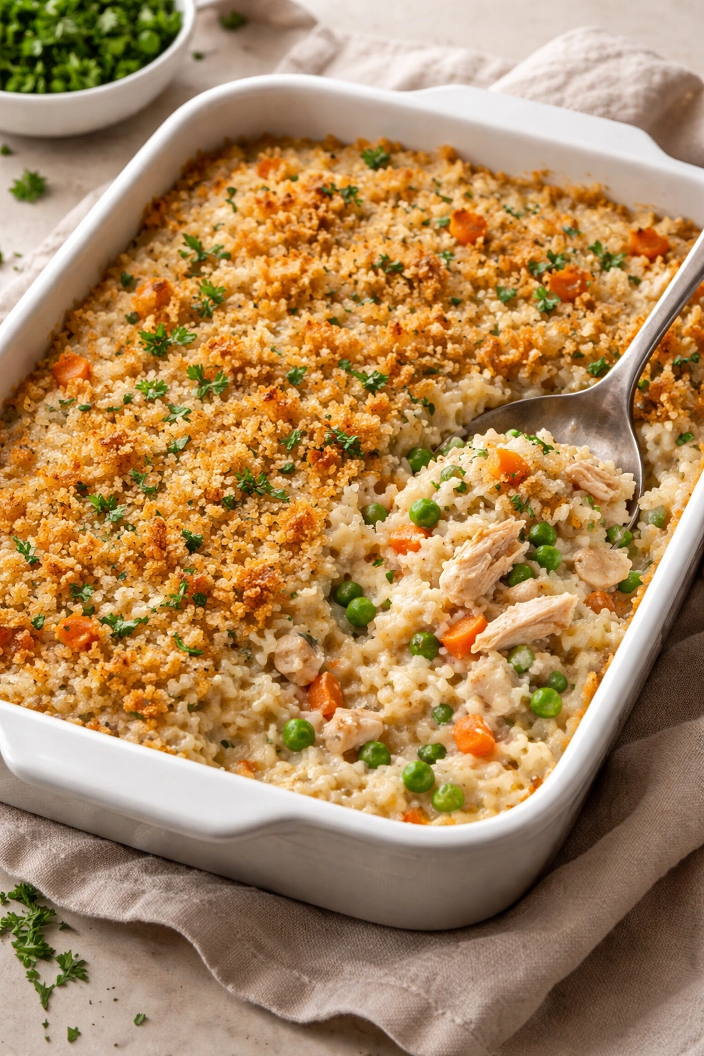 Creamy chicken and rice casserole baking dish with golden crumb topping