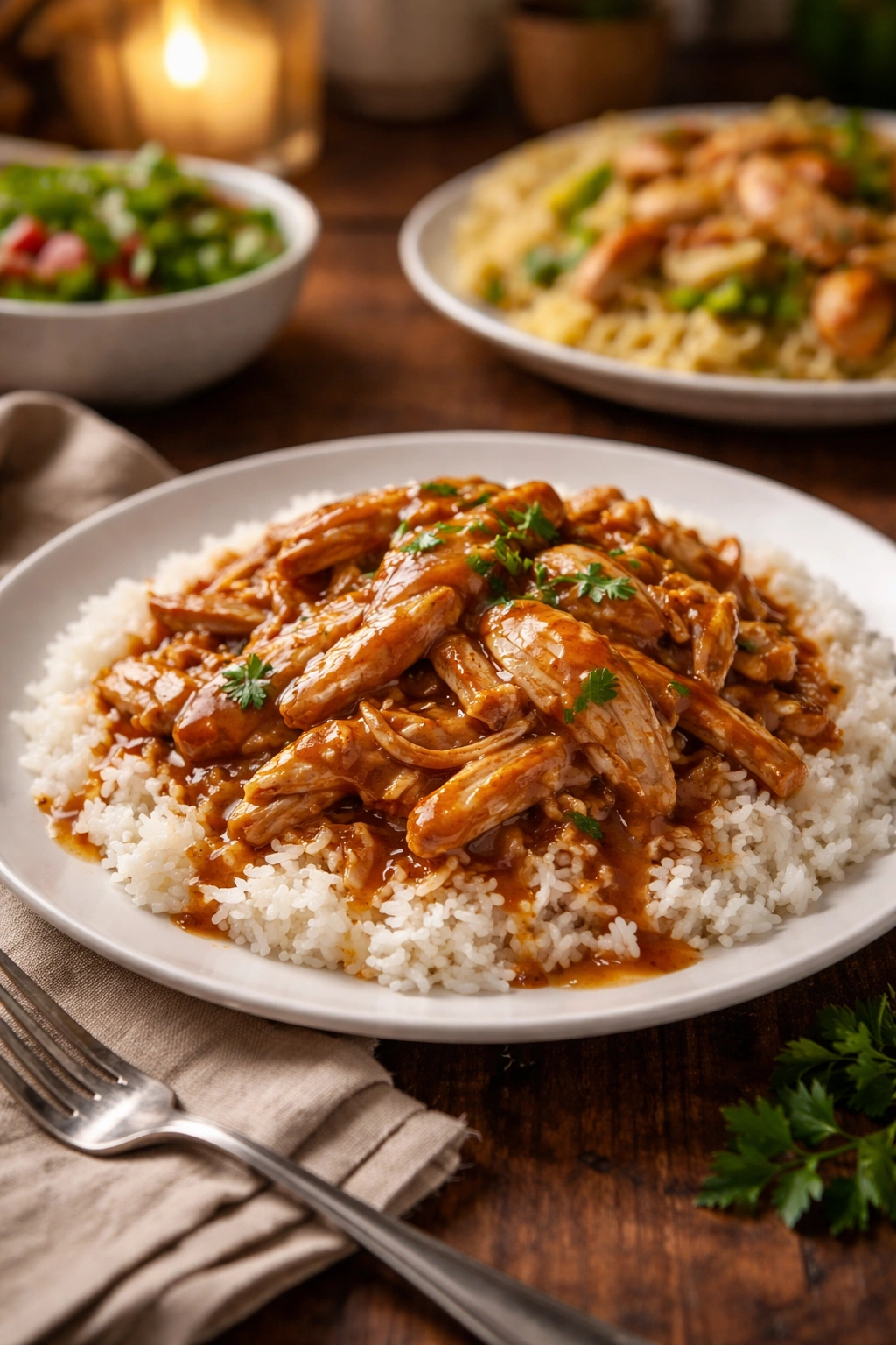 Slow cooker chicken over rice with sauce on a plate