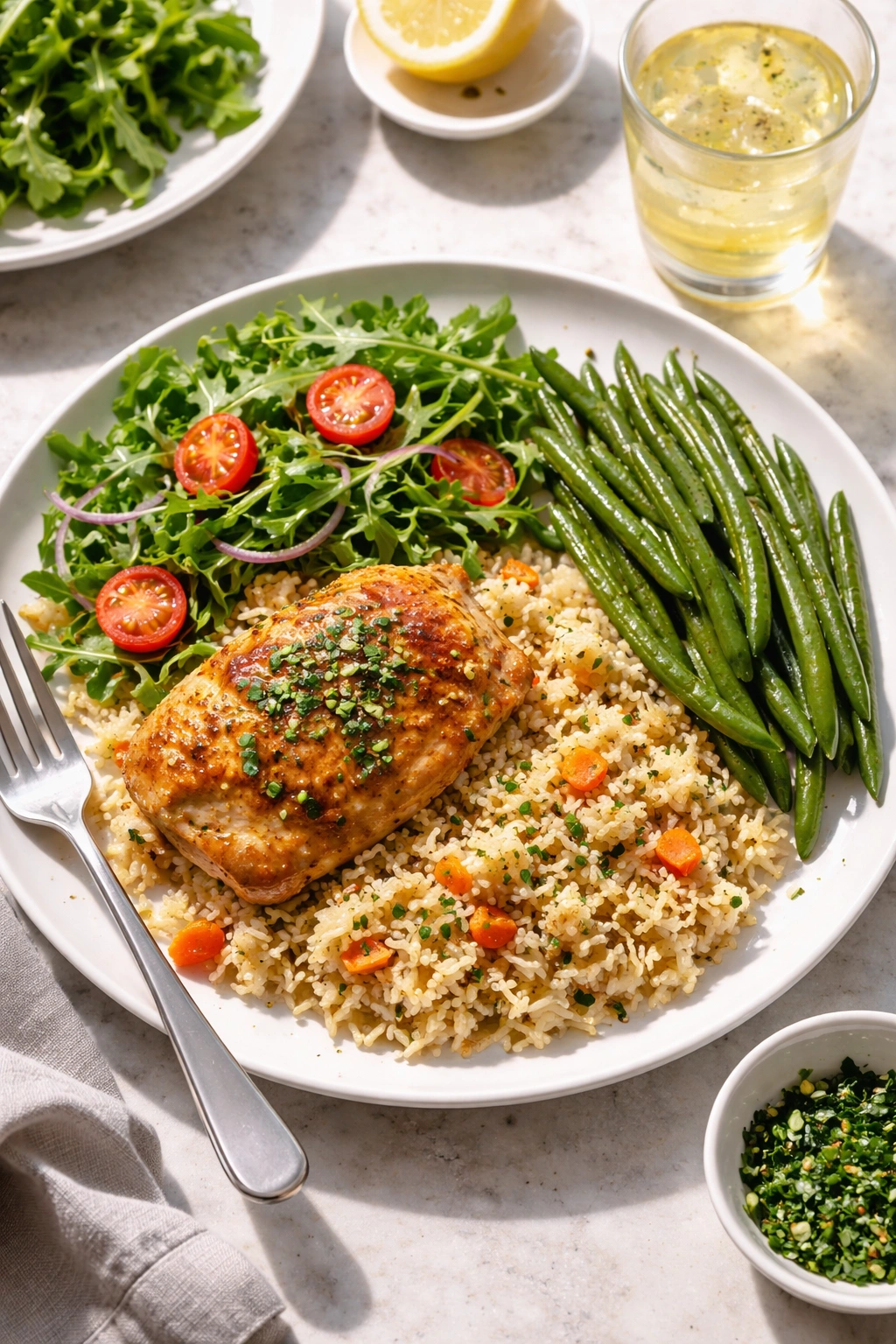 Plate with chicken and rice, arugula salad, and green beans on a white plate