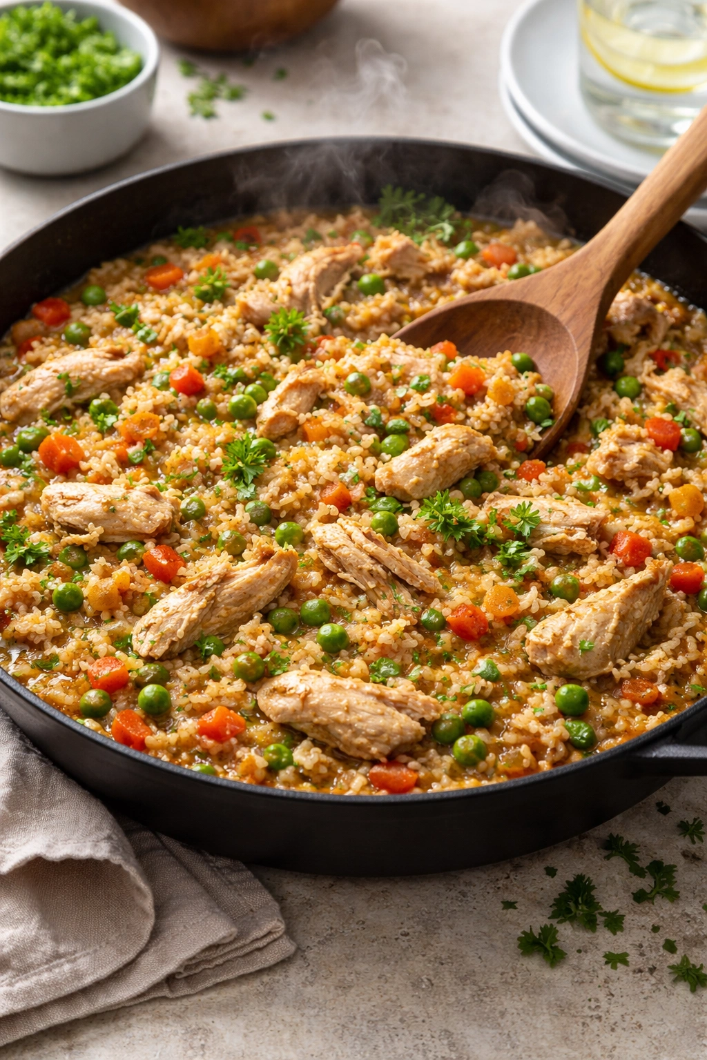 One-pan chicken and rice skillet with vegetables