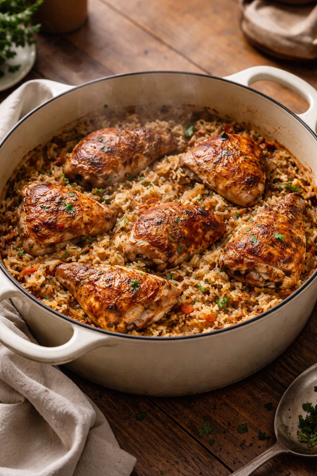Pot with chicken and rice simmering in braising liquid