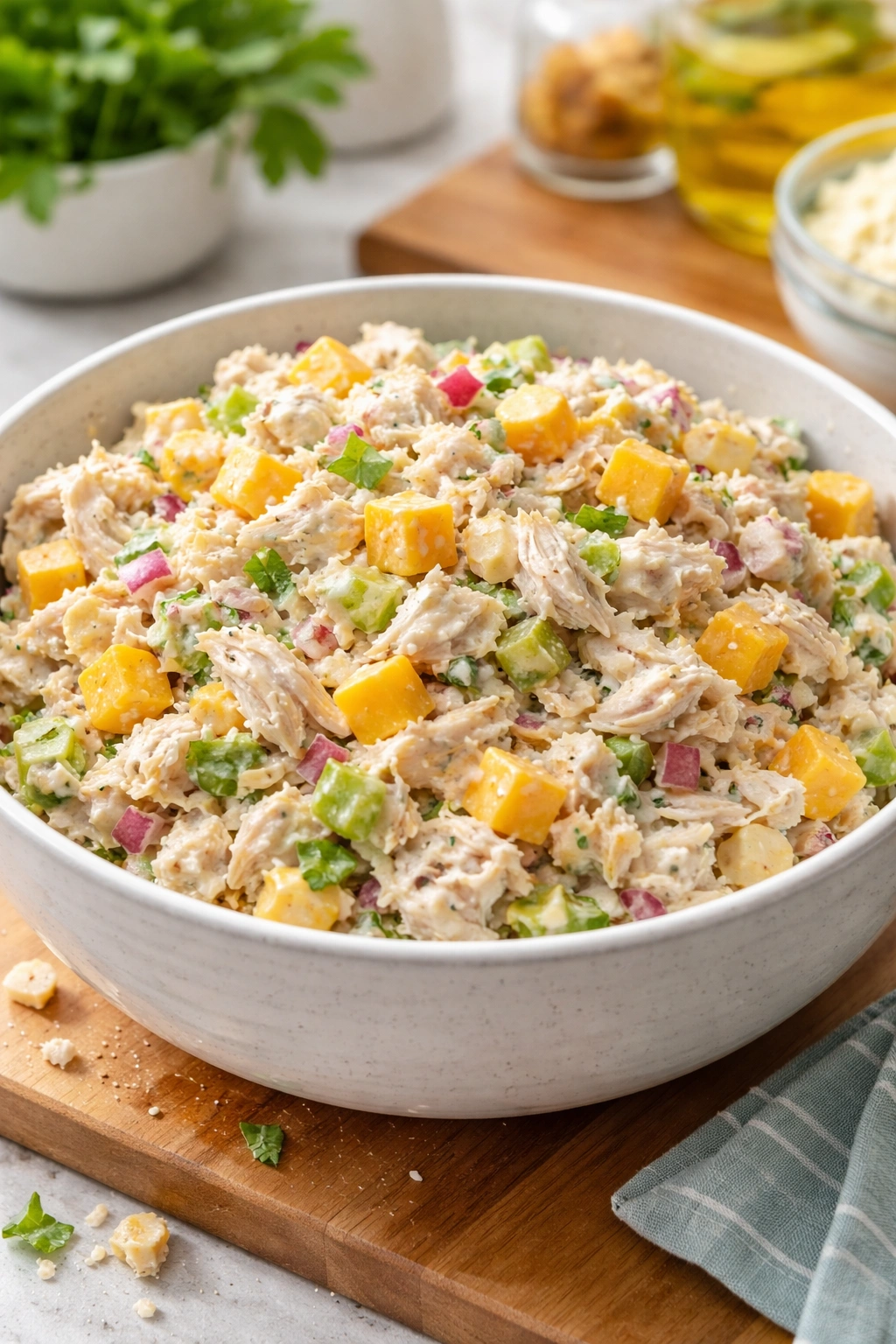 Creamy chicken salad with cheese crumbles mixed in
