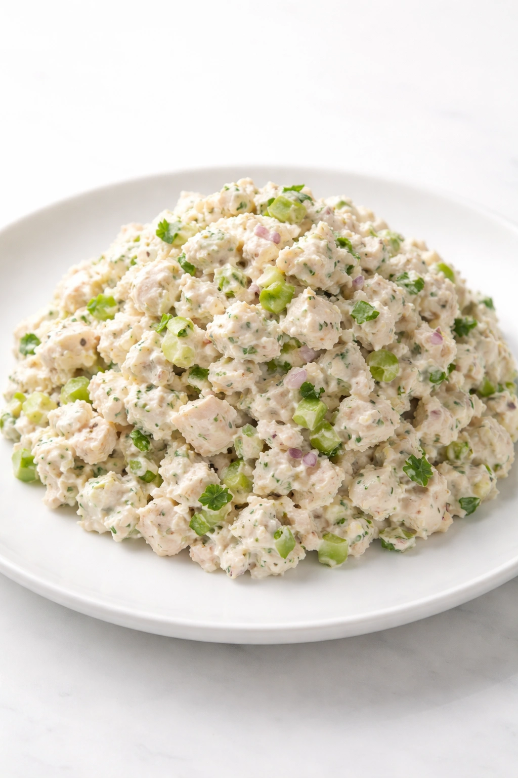 Creamy chicken salad mound on white plate