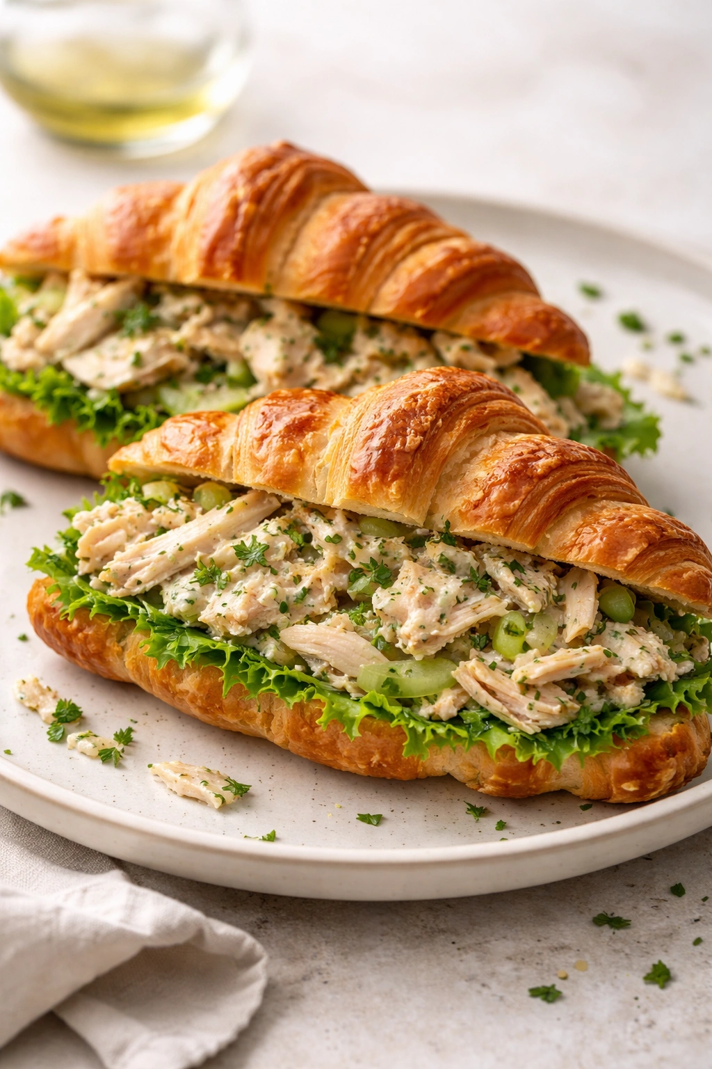 Croissant sandwich halves with shredded chicken salad