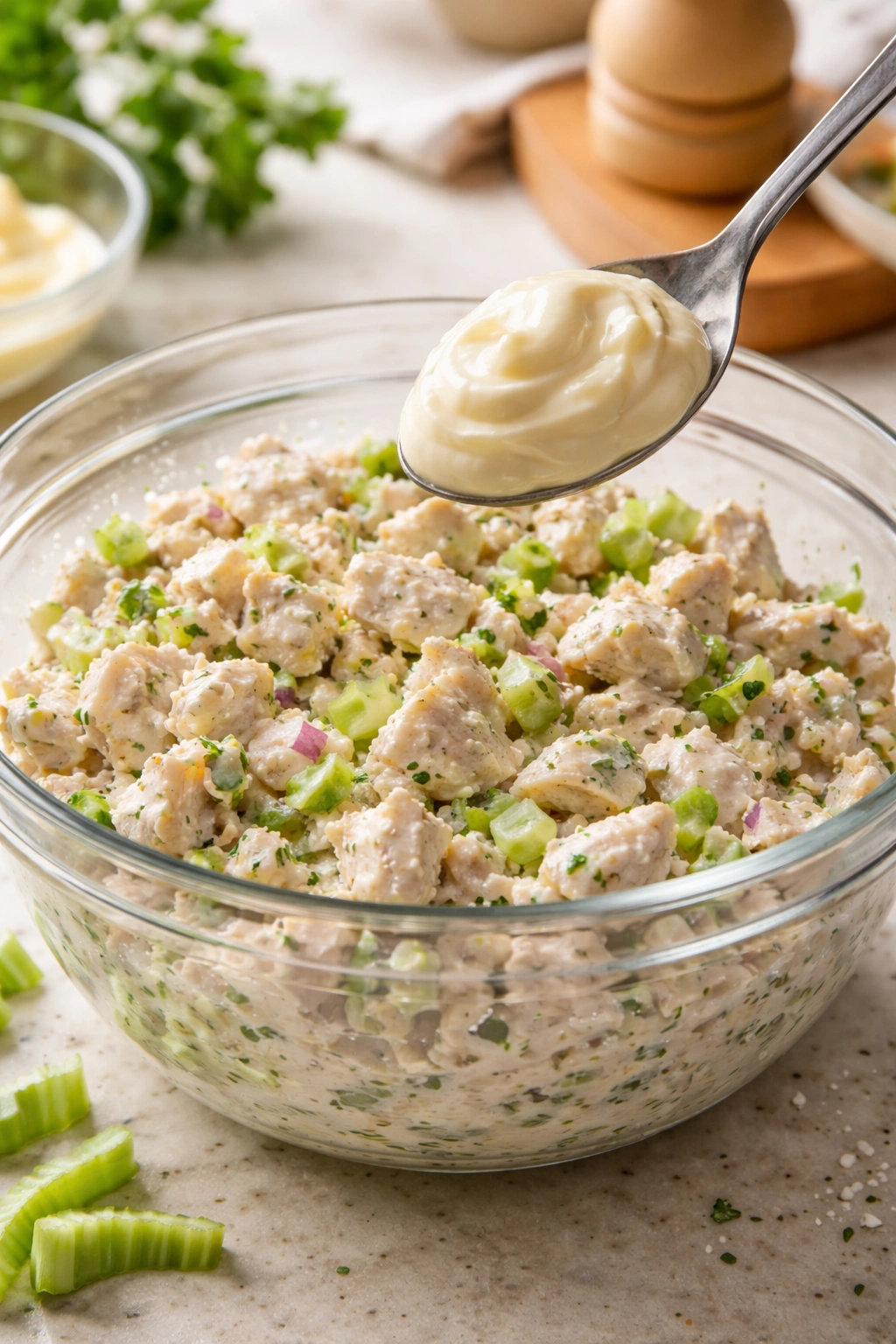 Close-up of creamy chicken salad with mayo being added to adjust moisture