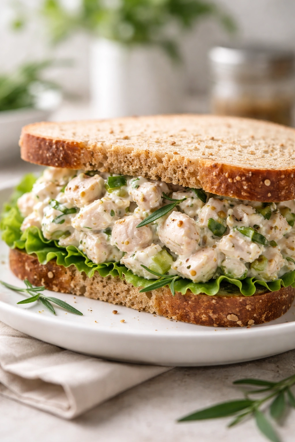 Sandwich half with chicken salad and tarragon filling on a plate